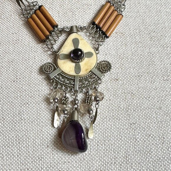 Peruvian Bamboo Necklace With Amethyst Dangle Pendant & Handcrafted - Picture 8 of 10